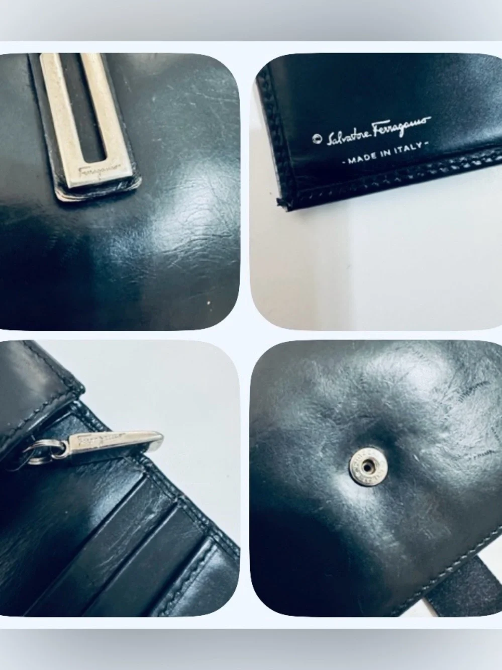 MEN’S SALVATORE FERRAGAMO BLACK LEATHER CONTINENTAL WALLET SILVER HARDWARE ITALY